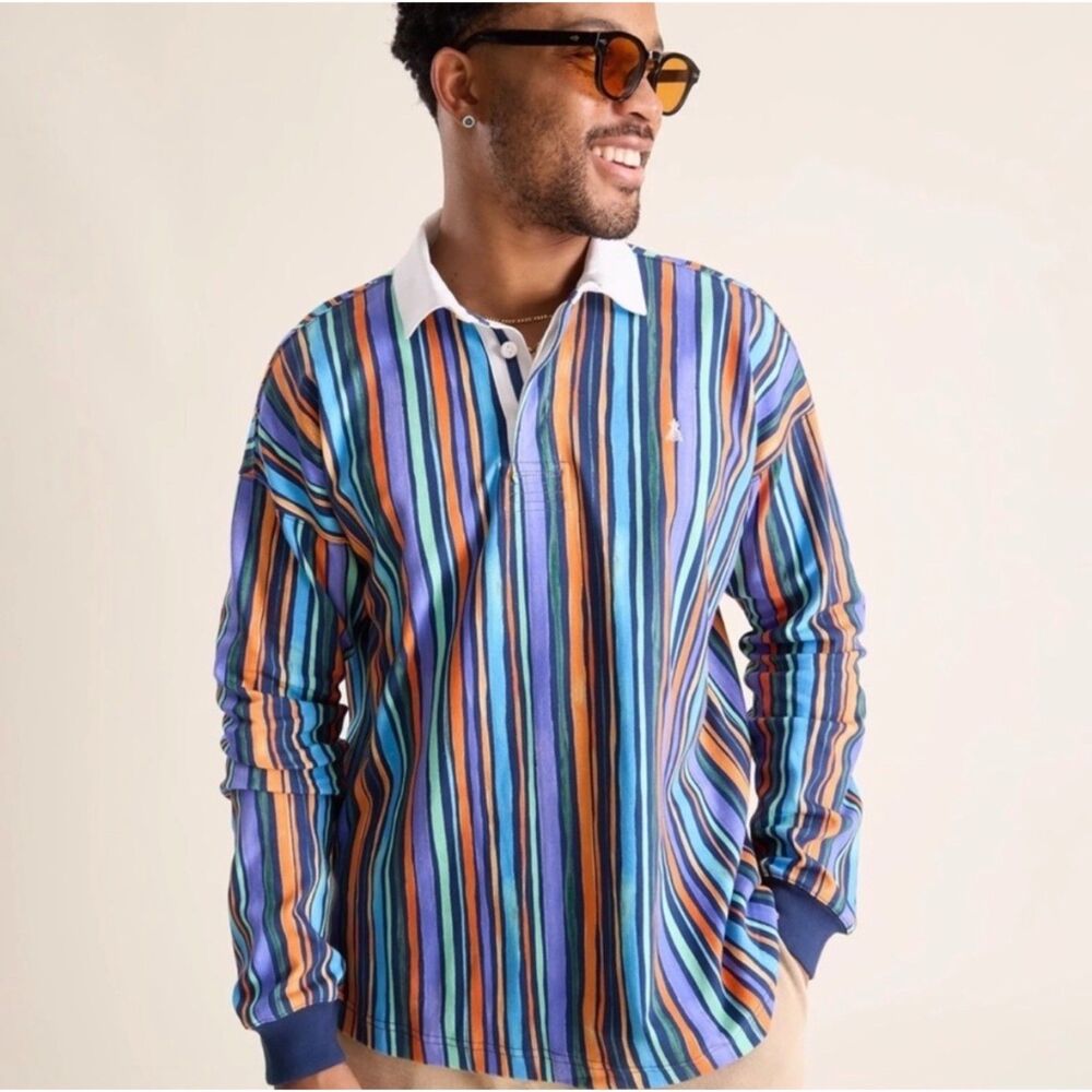 NWT Chubbies Afternoon Special Blue Striped Long Sleeve Rugby Polo Shirt Mens XL